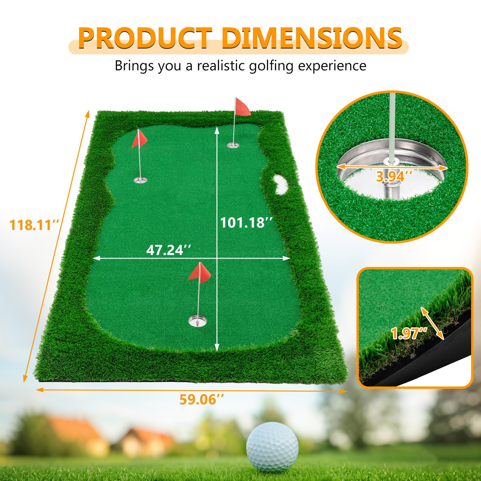 10x5 FT Golf Putting Green, Golf Training Mat With High-quality Turf, 3 Holes, 3 Flags And Cups For Indoor Outdoor - Image 4